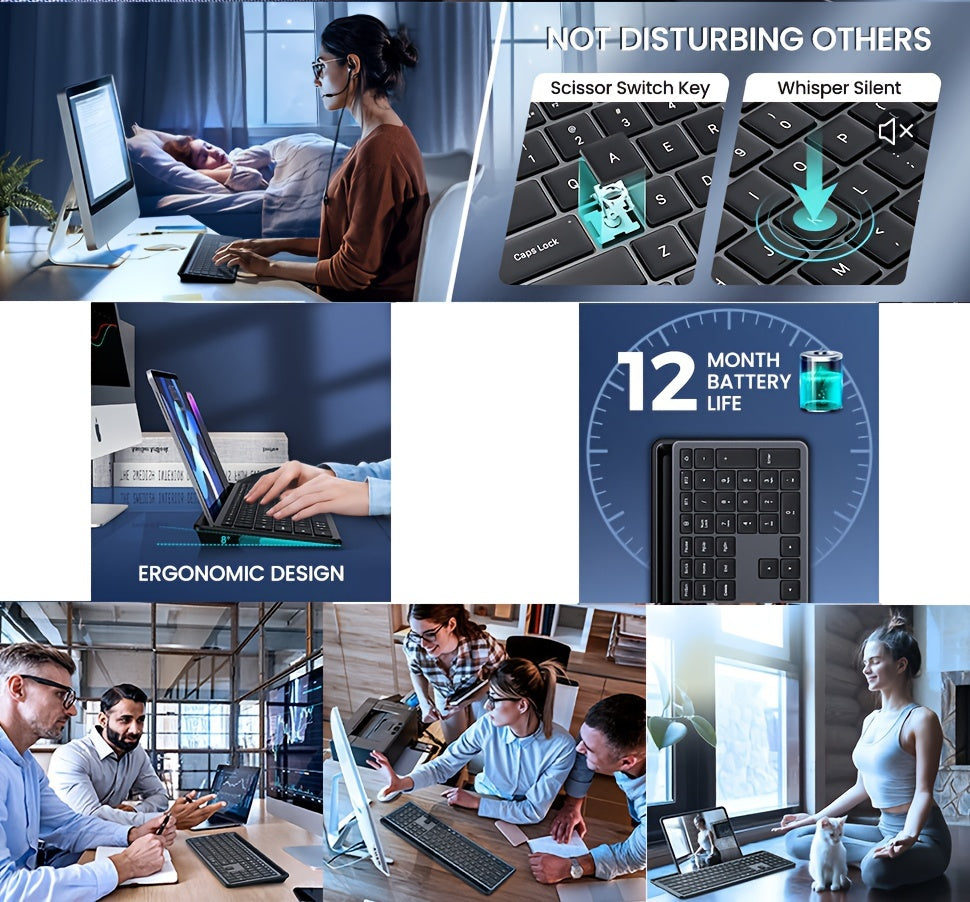 Wireless Keyboard, Multi-Device 2.4G/Wireless Keyboard Ultra-Slim Full Size Computer Keyboard With Numeric Pad, Pad Keyboard With Tablet Holder, Quiet USB Keyboard For iPad, iPhone, Laptop, PC, Mac, Black