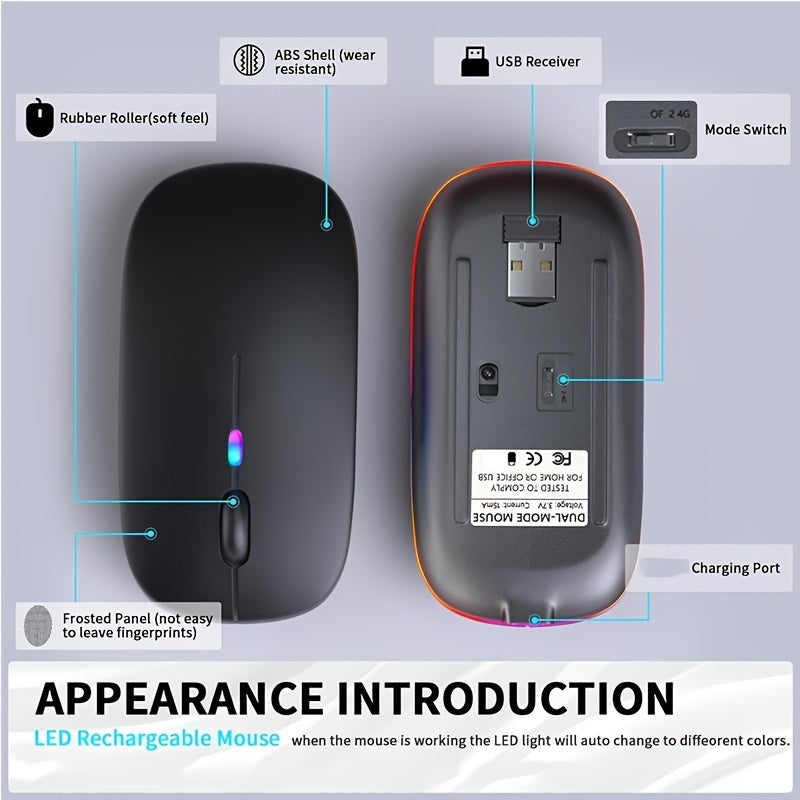 BalanceFit Rechargeable Wireless LED Mouse - Dual-Mode Wireless 5.2 & USB, Silent, Portable, Optical, Ambidextrous Design for Laptops/Desktops/Tablets, Windows 10 Compatible, Wireless Mouse for Laptop