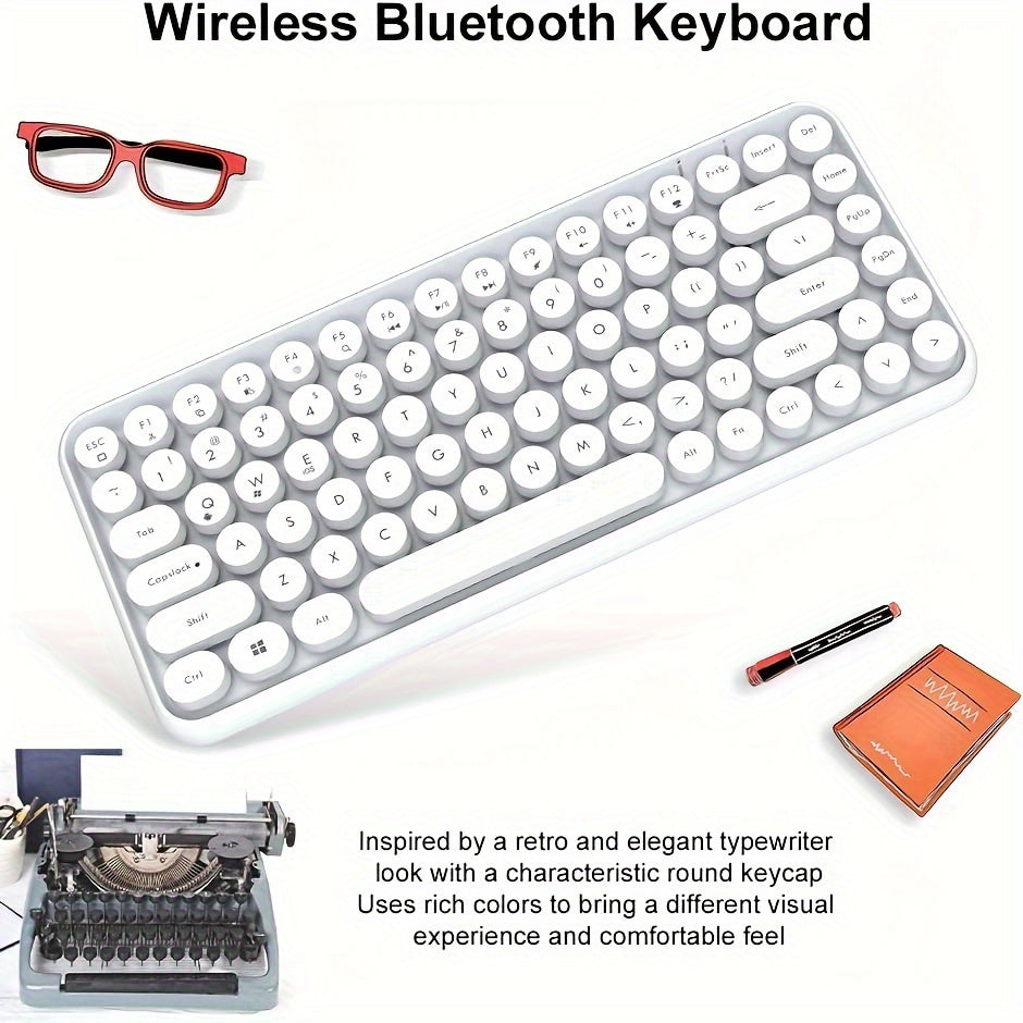 AJAZZ NACODEX 84 Keys Pink Wireless Keyboard With Cute Retro Round Keycaps, Comfortable Ergonomic Typewriter Keyboard Compatible With Android Windows IOS Suitable For Home And Office Keyboards