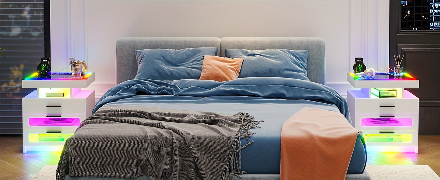 HNEBC Smart Nightstand With Charging Station, Bedside Table With 2 Drawers & One Jewelry Storage, RGB LED Night Stand With Motion Sensor Lights, Side Table With Glass Top/Remote Control