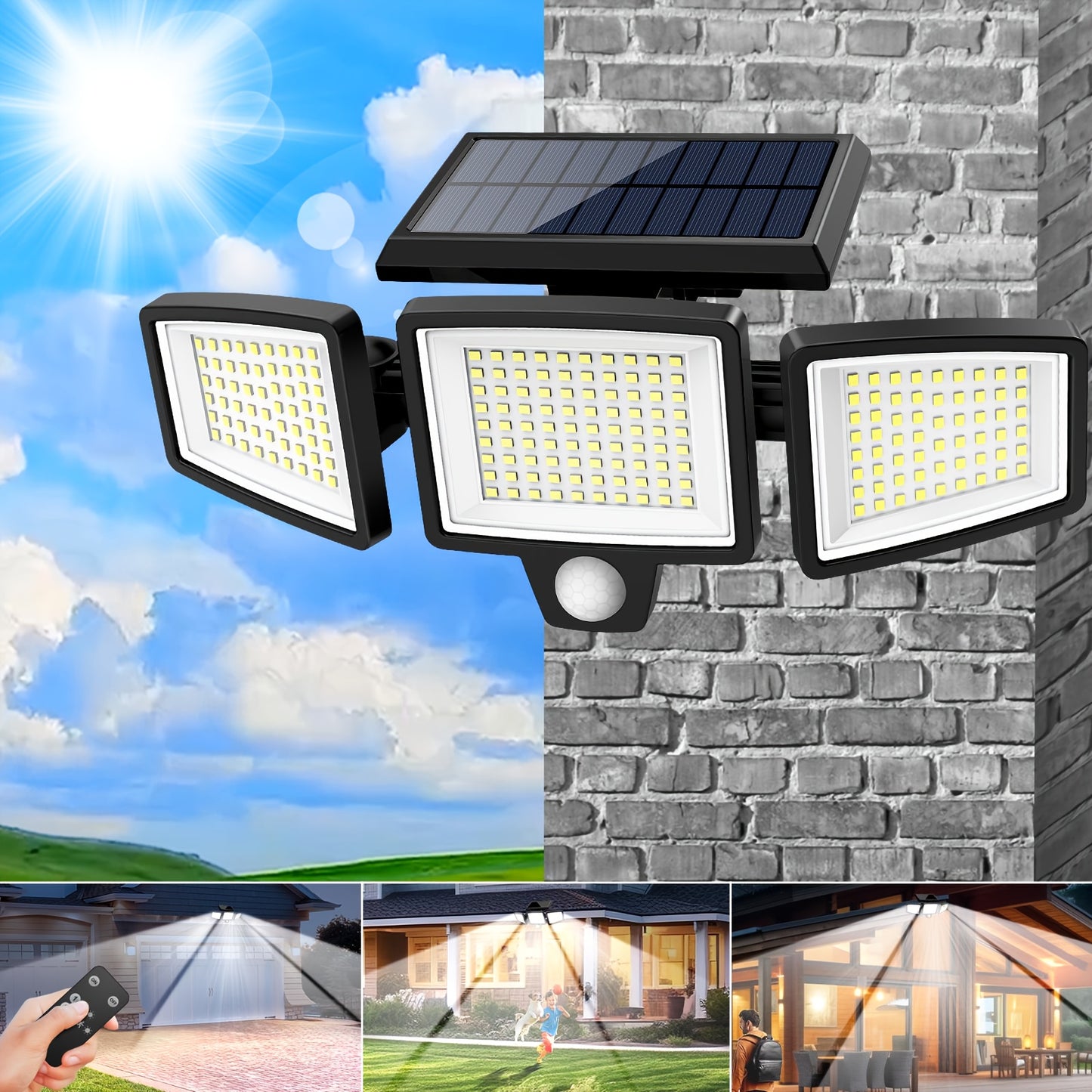 1/2/3pcs Solar Outdoor Lights, 2500 Lumens 210 LED Safety Lights, Waterproof, with Remote Control, 3-head Motion Sensor Lights, 270° Wide Angle Flood Wall Lights, 3 Modes, Suitable for Courtyard, Fence, Porch, Garage