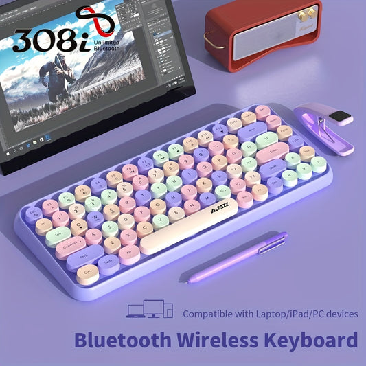 AJAZZ NACODEX 84 Keys Pink Wireless Keyboard With Cute Retro Round Keycaps, Comfortable Ergonomic Typewriter Keyboard Compatible With Android Windows IOS Suitable For Home And Office Keyboards