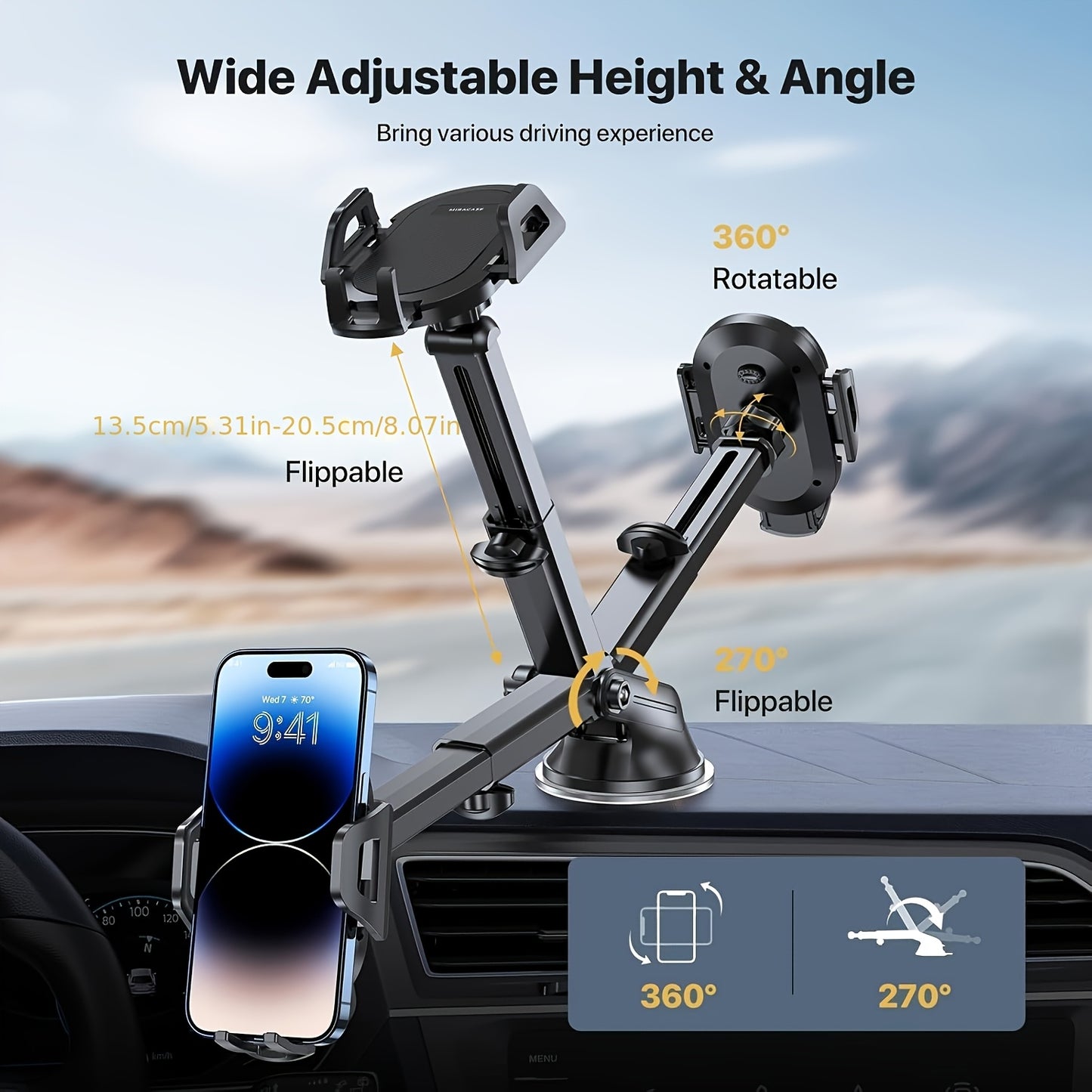 Miracase 3-in-1 Car Phone Mount - Super Suction Dashboard & Air Vent Holder with Telescopic Arm, Adjustable Cradle for All Phones, Quick Release, Durable Metal Hooks - Perfect Christmas Gift