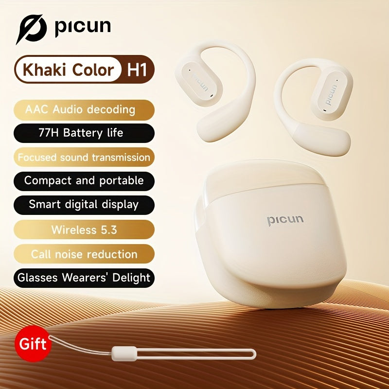 Picun H1 Ultra-Lightweight Wireless Earbuds - True Open Ear Design for Unmatched Comfort - HD Sound with CVC Noise Cancellation - LED Power Display & Touch Control - Perfect for Running, Cycling, and Workouts