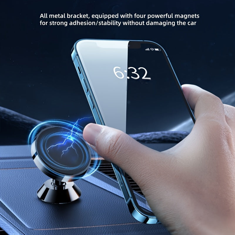 Magnetic Car Phone Mount, Aluminum Alloy Strong Magnet Holder, 360° Rotation Dashboard Stand, Waterproof, Universal Compatibility with Smartphones, No Charge Needed, Metal Bracket with 4 Powerful Built-in Magnets