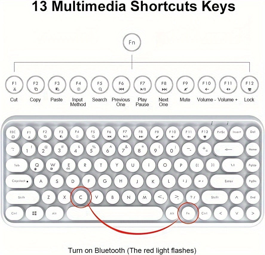 AJAZZ NACODEX 84 Keys Pink Wireless Keyboard With Cute Retro Round Keycaps, Comfortable Ergonomic Typewriter Keyboard Compatible With Android Windows IOS Suitable For Home And Office Keyboards