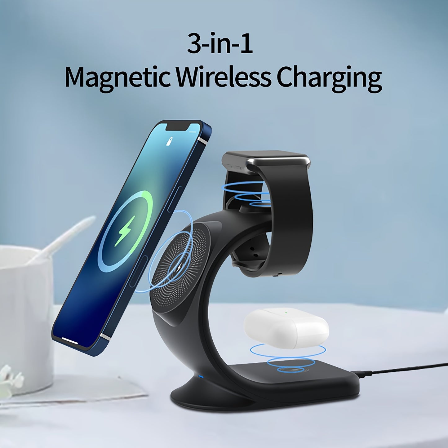 Triple Mode Magnetic Wireless Charger Stand - Wireless Chargers - 3-in-1 Fast Charging Solution for iPhone 16, 15, 14, 13, 12 Pro Max/Pro/Mini/Plus, iWatch SE/8/7/6/5/4/3/2, and AirPods with Compact Design and Safe Charging