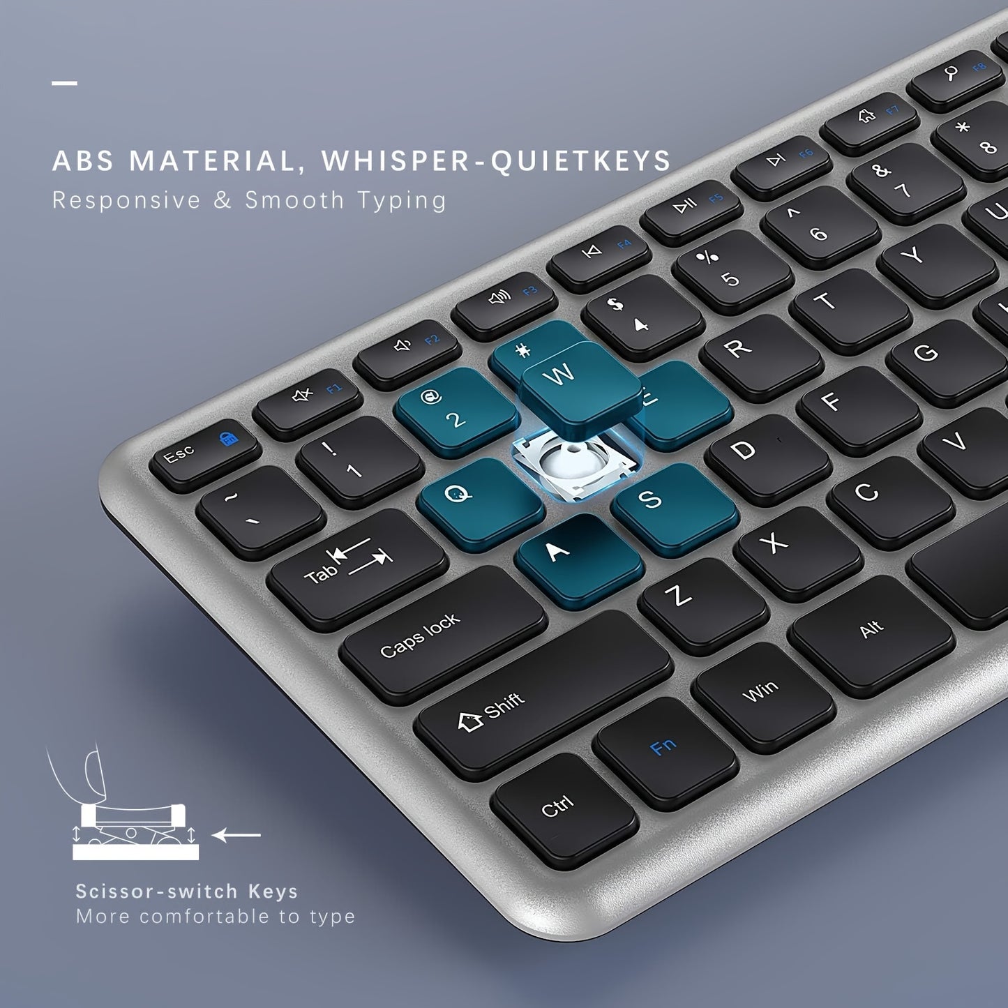 Wireless Keyboard And Mouse Combo, 2.4GHz Ultra Thin Full Size Wireless Keyboard Mouse Set For Laptop, PC, Desktop, Windows 7, 8, 10, Black And Silver