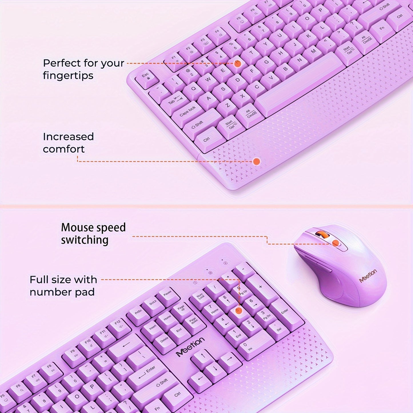 MEETION Wireless Keyboard And Mouse, Computer Keyboard Mouse, 3 DPI Adjustable USB A And USB C Adapter Full-Sized Cordless Keyboard And Mouse, Halloween Christmas Gift