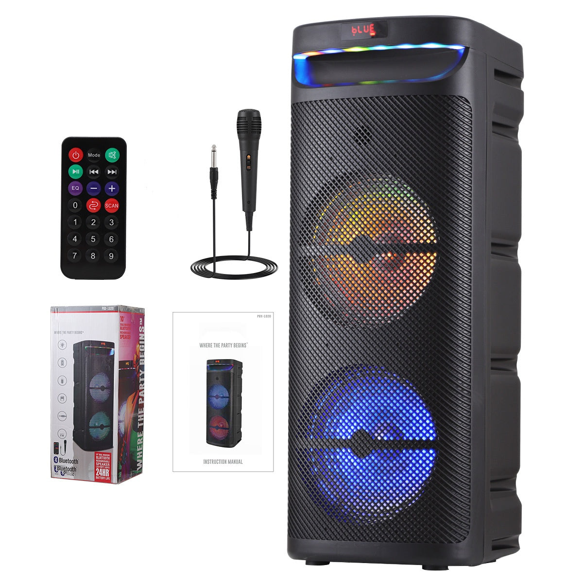 Portable Wireless PA Speaker, Bluetooth Speakers Loud Sound Powerful Subwoofer System, Support AUX USB FM Wired Microphone Audio Input, Built-in Rechargeable Battery Speaker with LED Light, Wired Microphone and Remote Control