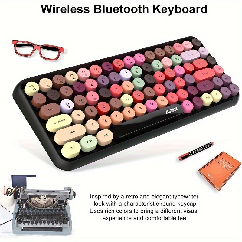 AJAZZ NACODEX 84 Keys Pink Wireless Keyboard With Cute Retro Round Keycaps, Comfortable Ergonomic Typewriter Keyboard Compatible With Android Windows IOS Suitable For Home And Office Keyboards