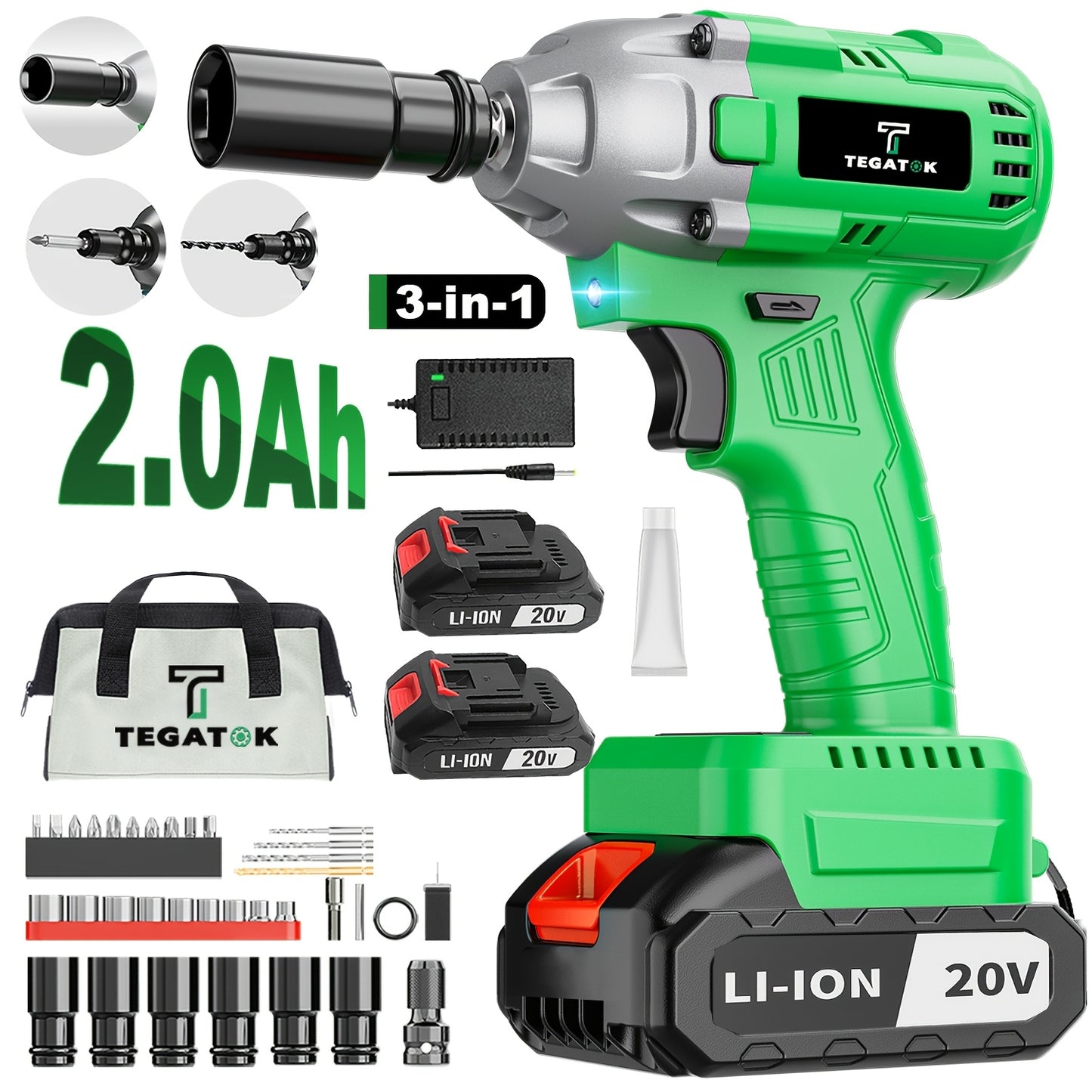 Tegatok Cordless Impact Wrench | 430N.m Brushless Motor | 2400 RPM | 4000mAh Li-ion Battery | Fast Charger | Multi-Size Sockets & Accessories | Reversible Auto-Stop | Ergonomic Design | Ideal for Home & Car Use