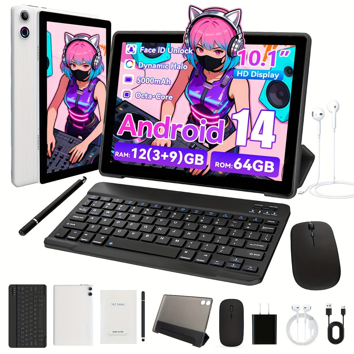 AEEZO 10.1-inch Quad-Core/Octa-Core Tablet, 64GB ROM, 6GB/12GB RAM, Android 13/14, 5000mAh Battery, 800x1280. Options: Tablet Only: Tablet + Wireless Keyboard + Mouse + Stylus Without Electricity+ Headphones + Foldable Case;