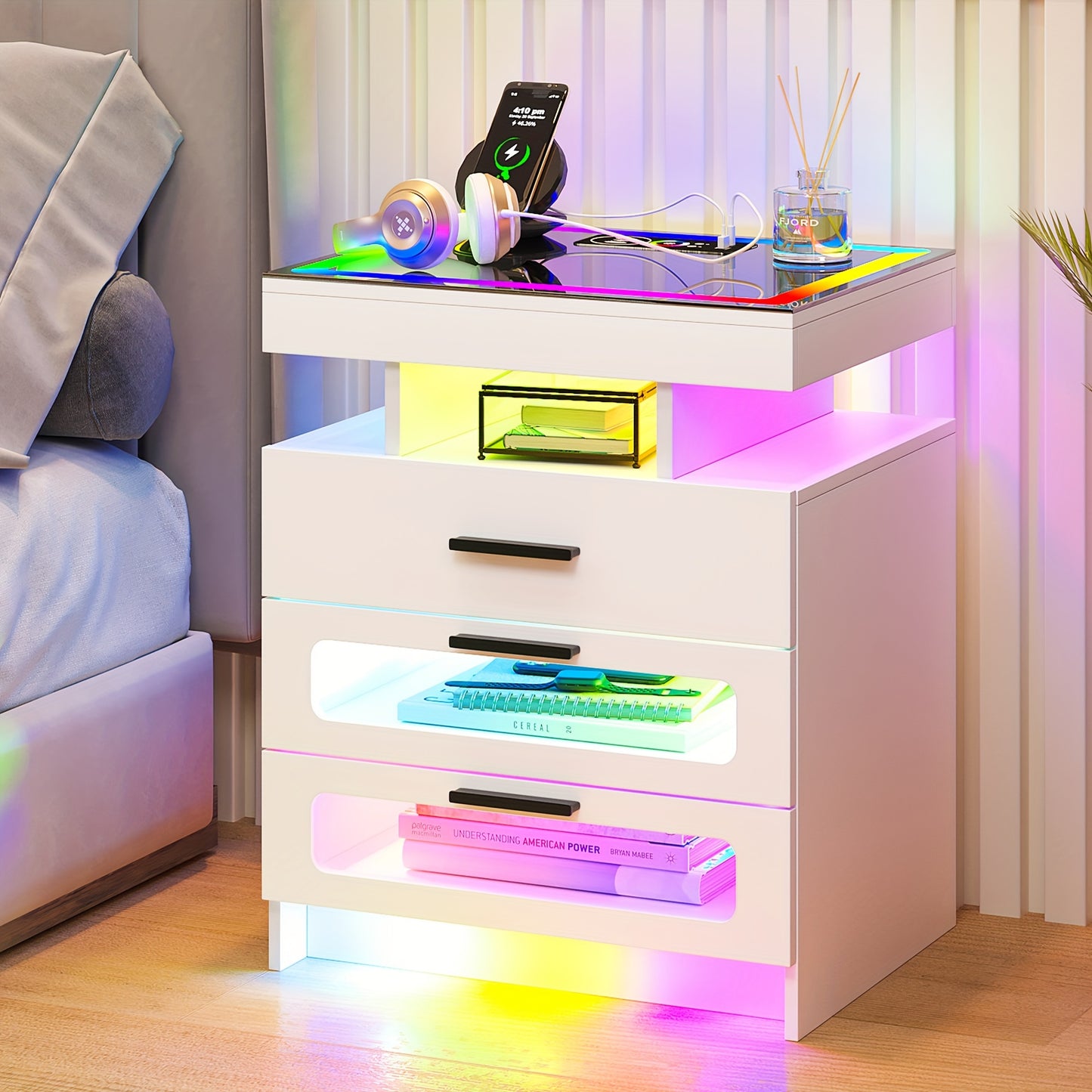 HNEBC Smart Nightstand With Charging Station, Bedside Table With 2 Drawers & One Jewelry Storage, RGB LED Night Stand With Motion Sensor Lights, Side Table With Glass Top/Remote Control