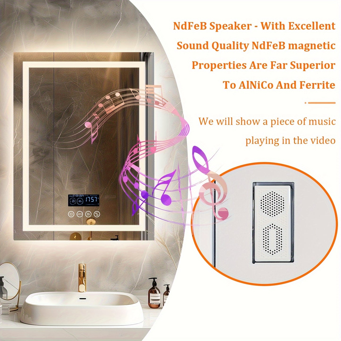 28" X 36" LED Lighted Bathroom Mirror Lighted Bathroom Music Mirror With Dual LED Light Strips Smart Wall Vanity Mirror, Front-lit, Dimming, Date And Time