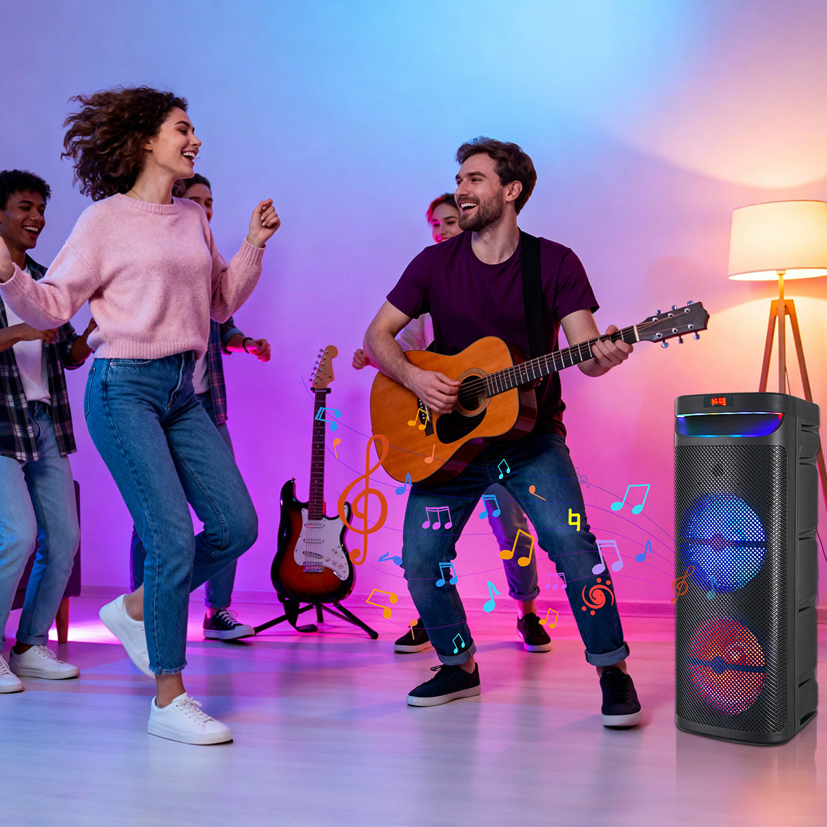 Portable Wireless PA Speaker, Bluetooth Speakers Loud Sound Powerful Subwoofer System, Support AUX USB FM Wired Microphone Audio Input, Built-in Rechargeable Battery Speaker with LED Light, Wired Microphone and Remote Control