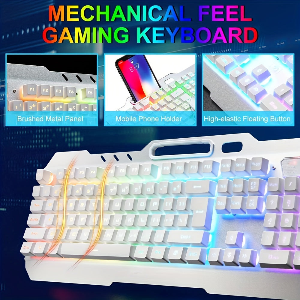 FreeWolf Wireless Keyboard and Mouse, RGB LED Backlit Rechargeable Keyboard Mouse with 3800mAh Battery Metal Panel, Removable Hand Rest Mechanical Feel Keyboard and 7 Color Gaming Mute Mouse for PC Gamers-white