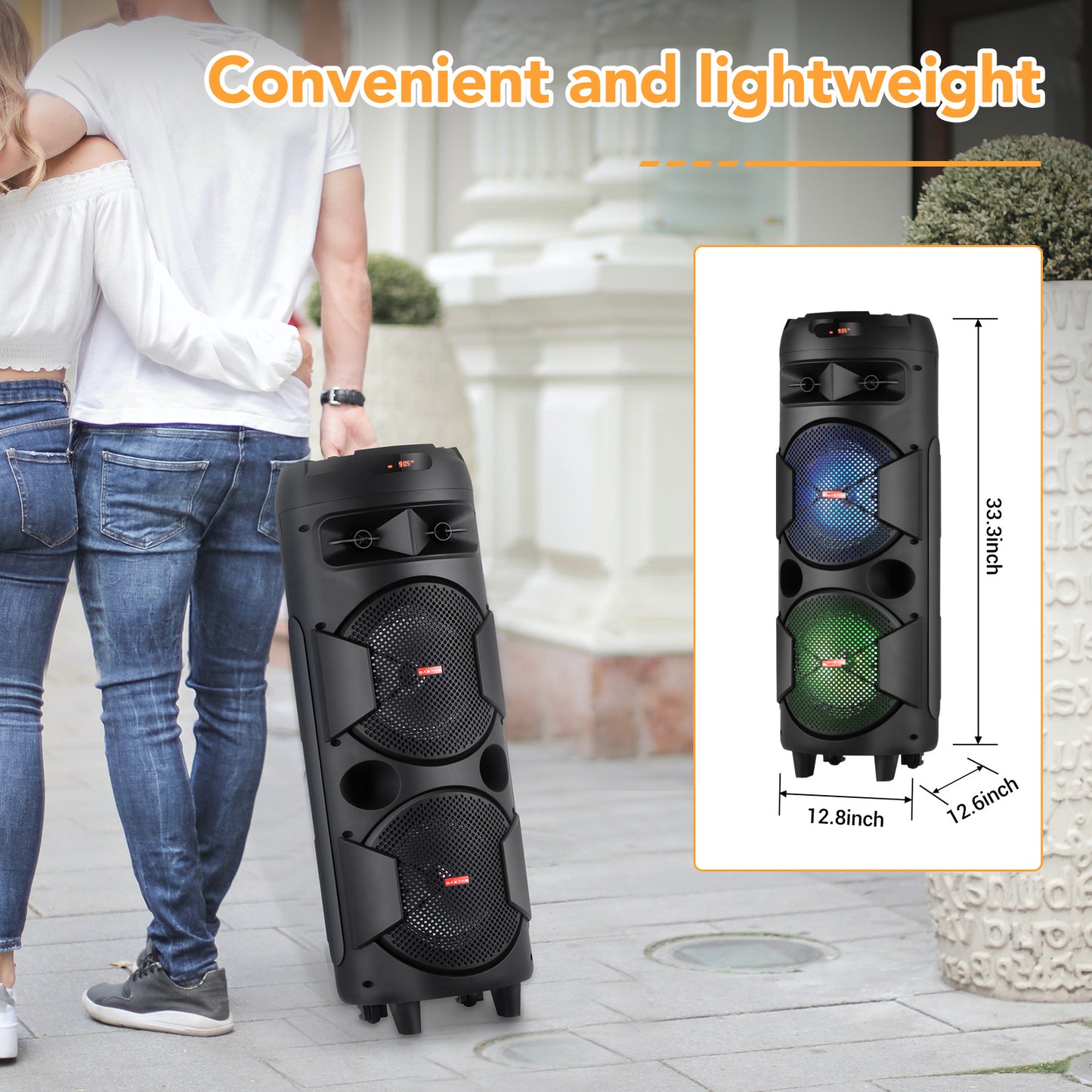 Portable Wireless PA Speaker, Bluetooth Speakers Loud Sound Powerful Subwoofer System, Support AUX USB FM Wired Microphone Audio Input, Built-in Rechargeable Battery Speaker with LED Light, Wired Microphone and Remote Control
