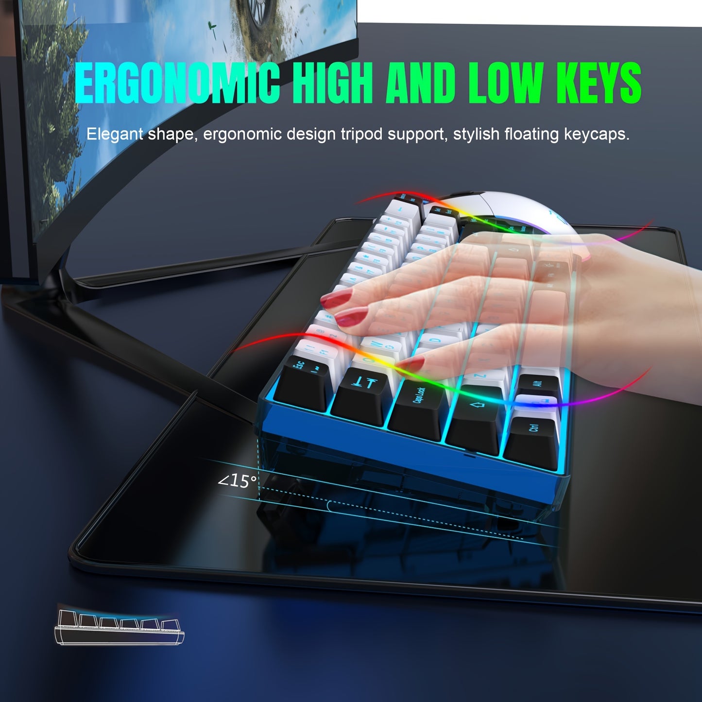 Snpurdiri 60% Wireless Gaming Keyboard and Mouse Combo, Ice Blue Backlit, Rechargeable 2000mAh Battery, Compact Anti-Ghosting Design, Includes RGB Mice for PC & Laptop - White & Black, Gaming Accessories | Compact Keyboard La