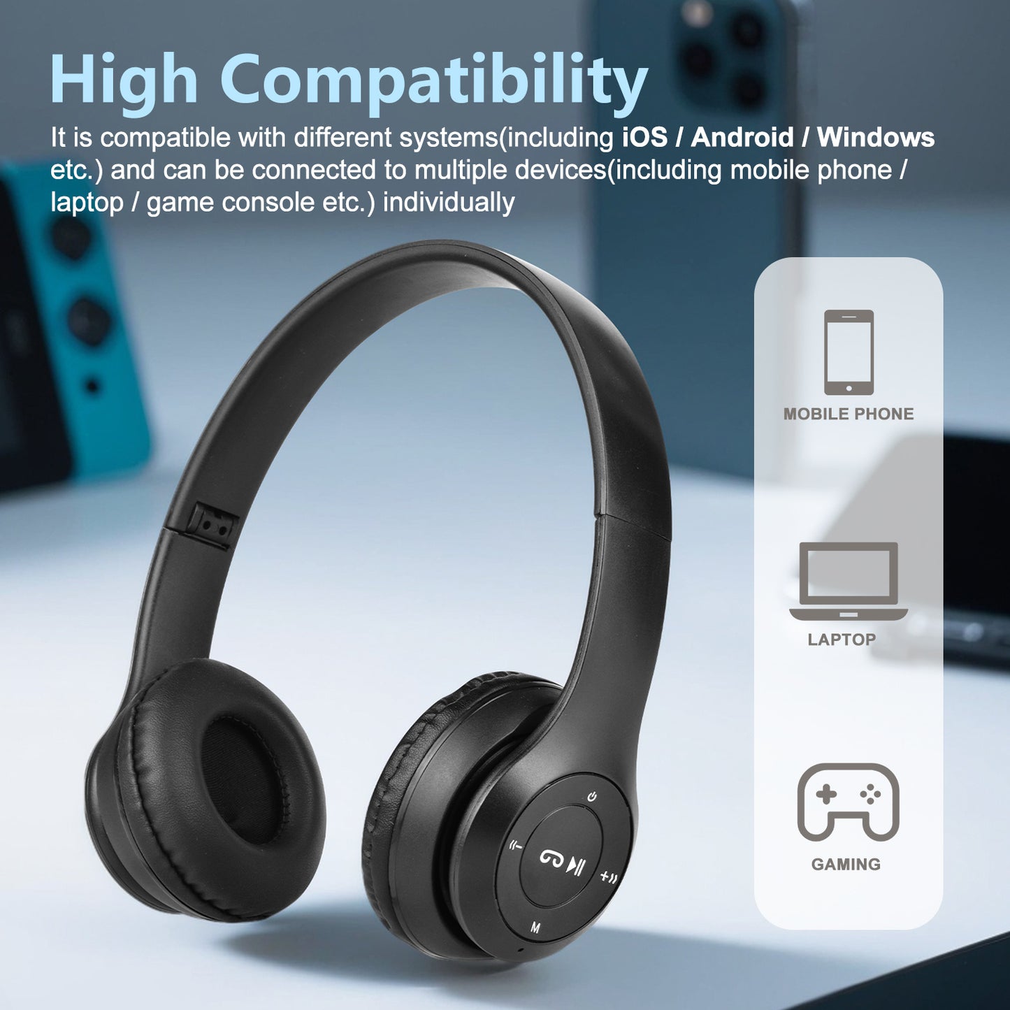 Wireless Bluetooth Headphones, Over-Ear Wireless Headphones, Over-Ear Comfortable Wearing, Bluetooth 5.3 Connection, Noise Cancelling, Built-in Microphone, Volume and Playback Controls, Syncs with Phones, Laptops and Game Con