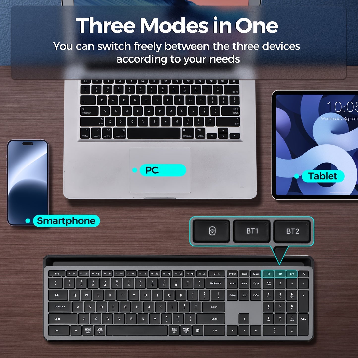 Wireless Keyboard, Multi-Device 2.4G/Wireless Keyboard Ultra-Slim Full Size Computer Keyboard With Numeric Pad, Pad Keyboard With Tablet Holder, Quiet USB Keyboard For iPad, iPhone, Laptop, PC, Mac, Black