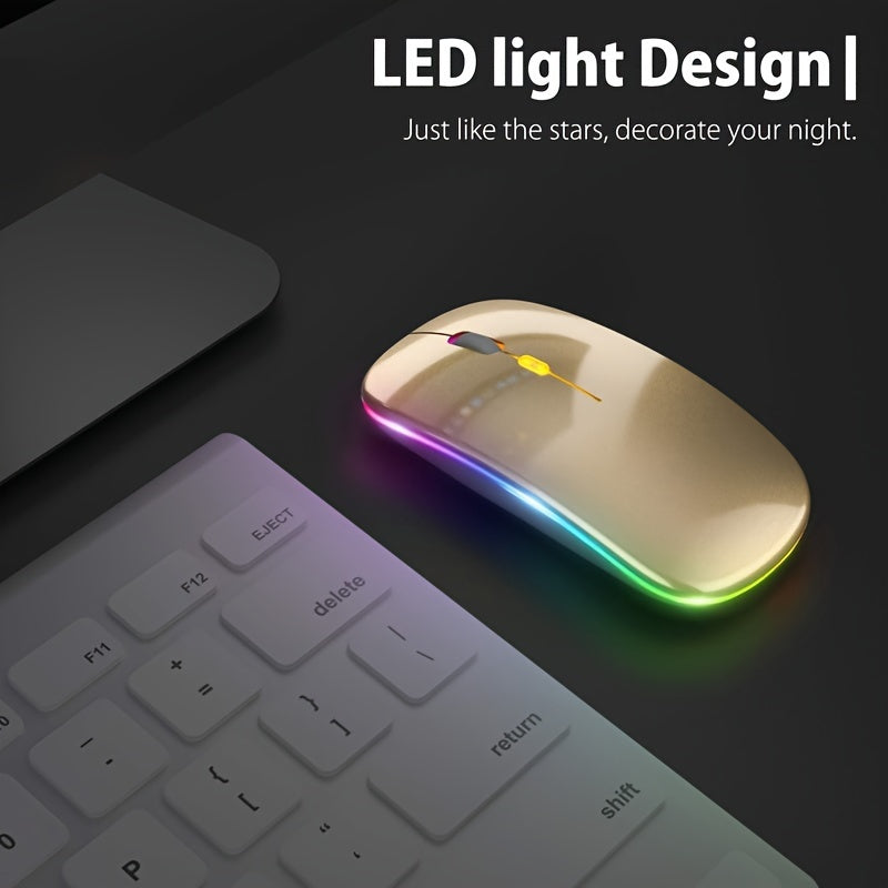 Ultra-Slim Wireless Mouse with LED Lighting - Dual Mode Rechargeable, Silent Operation, Portable Wireless 5.2+USB Receiver for Laptops, Desktops & Tablets