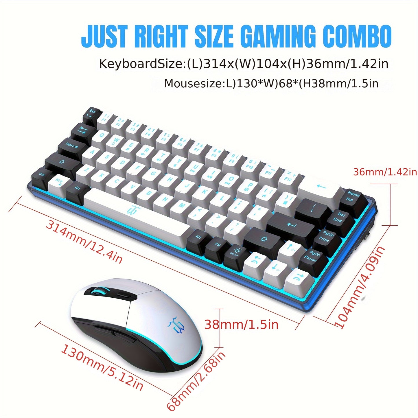 Snpurdiri 60% Wireless Gaming Keyboard and Mouse Combo, Ice Blue Backlit, Rechargeable 2000mAh Battery, Compact Anti-Ghosting Design, Includes RGB Mice for PC & Laptop - White & Black, Gaming Accessories | Compact Keyboard La