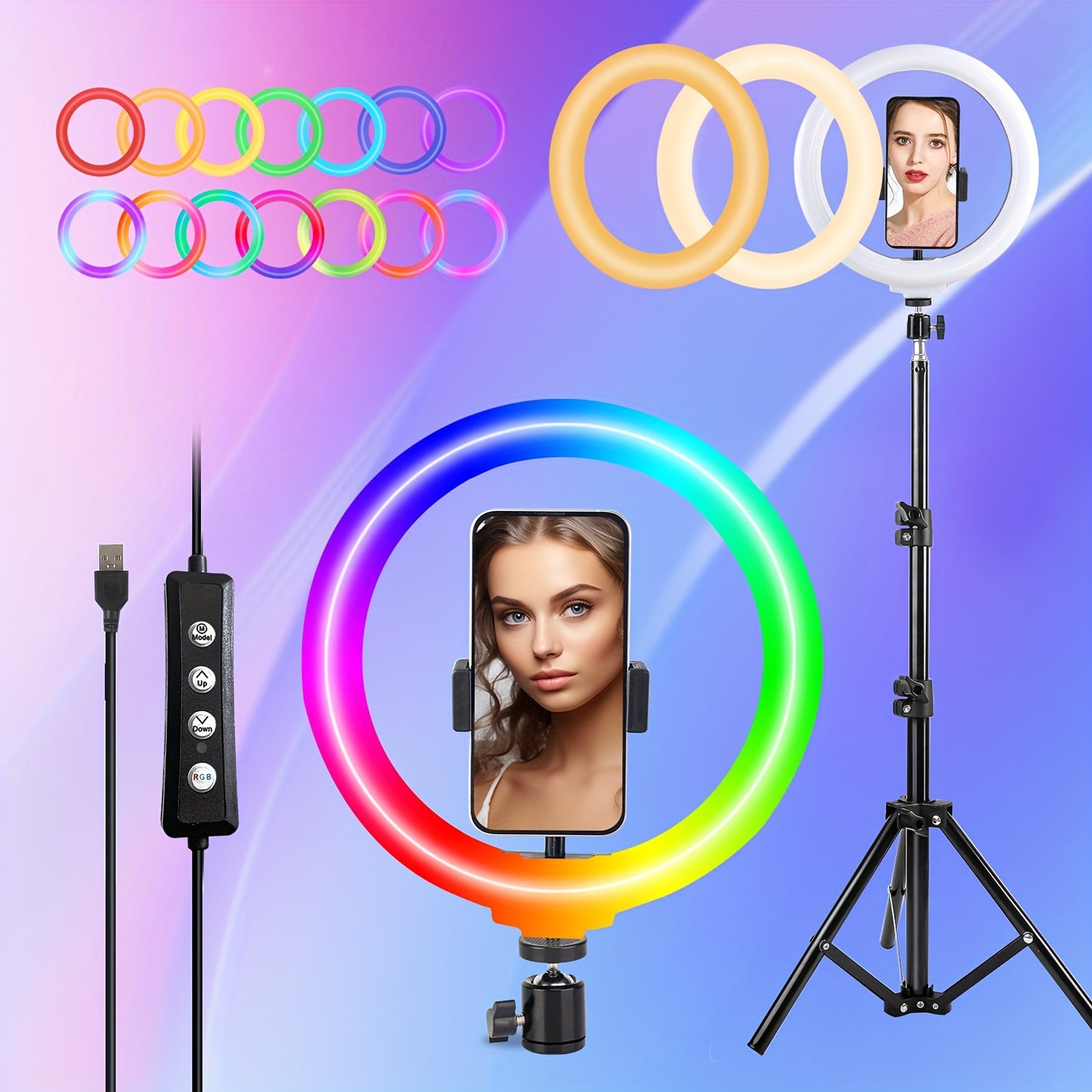 10" Ring Light and Adjustable Stand With 2 Phone Holders - 38 Vibrant Color Modes with Stepless Dimming/Speed Control - Perfect for Makeup, Photography, and Live Streams