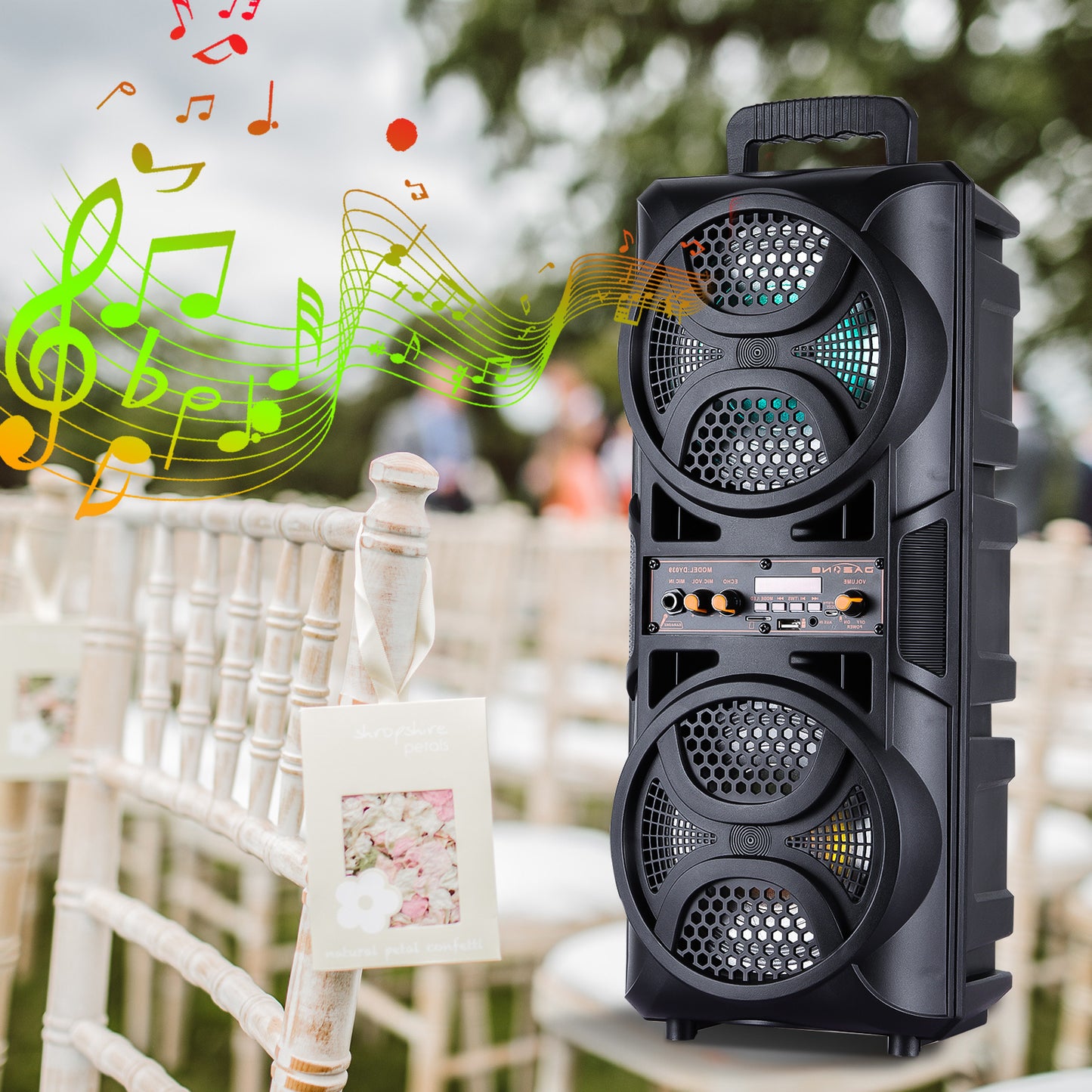 Portable Wireless PA Speaker, Bluetooth Speakers Loud Sound Powerful Subwoofer System, Support AUX USB FM Wired Microphone Audio Input, Built-in Rechargeable Battery Speaker with LED Light, Wired Microphone and Remote Control